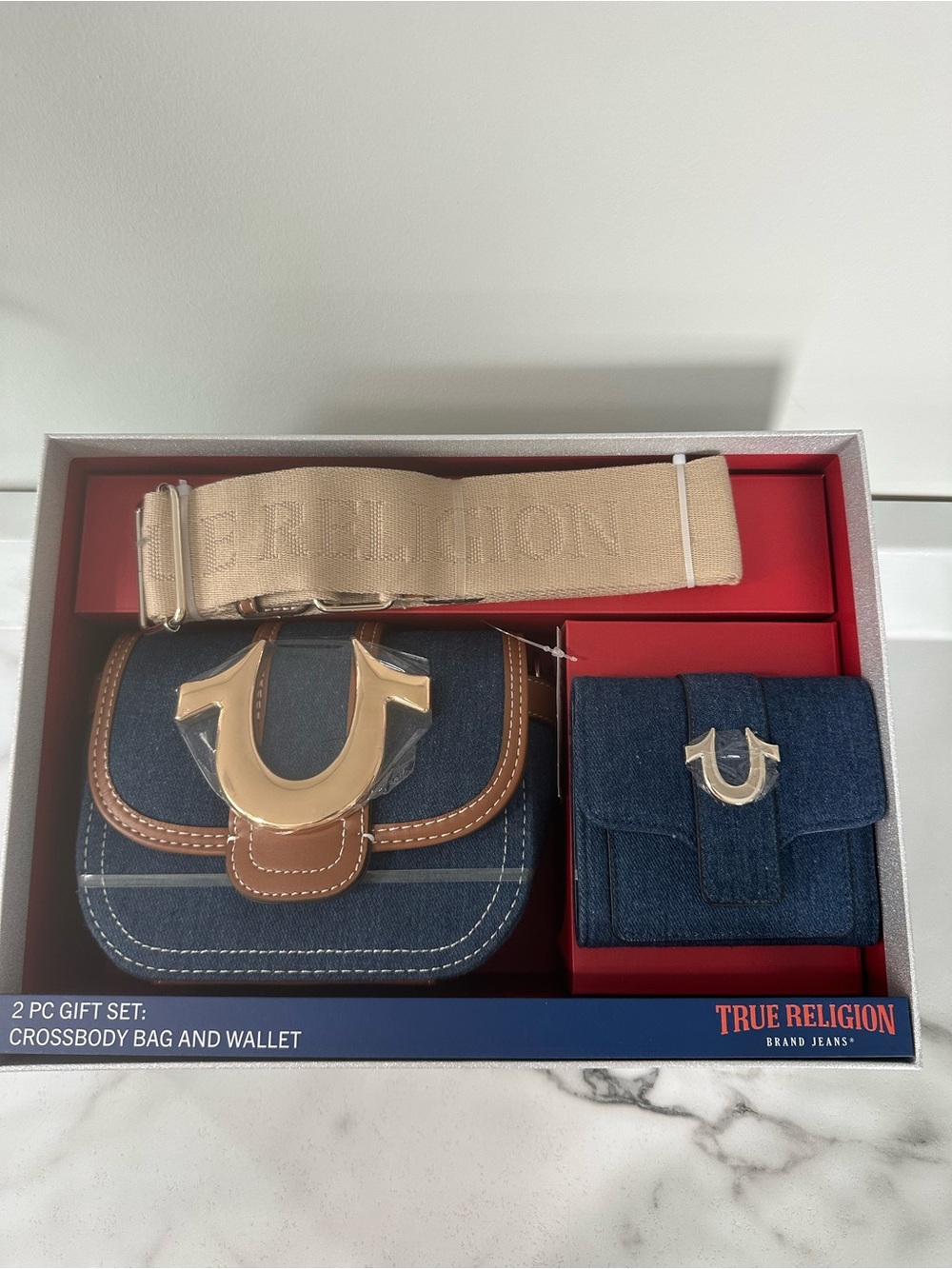 NWT True Religion Denim Crossbody and Wallet Set - Blue Denim with Tan Accents